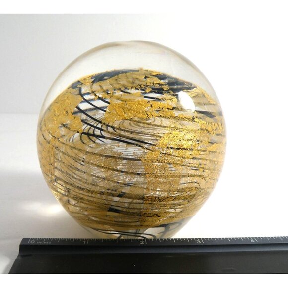 Handcrafted Glass Art Sphere With Gold Leaf & Swirling Black Pattern 4" Diameter - Picture 6 of 6